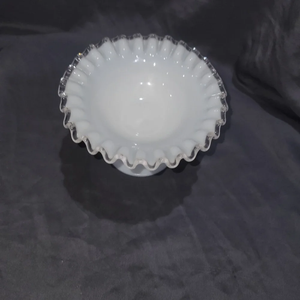 Vintage Fenton Silver Crest Ruffled Compote Milk Glass Pedestal Candy Dish